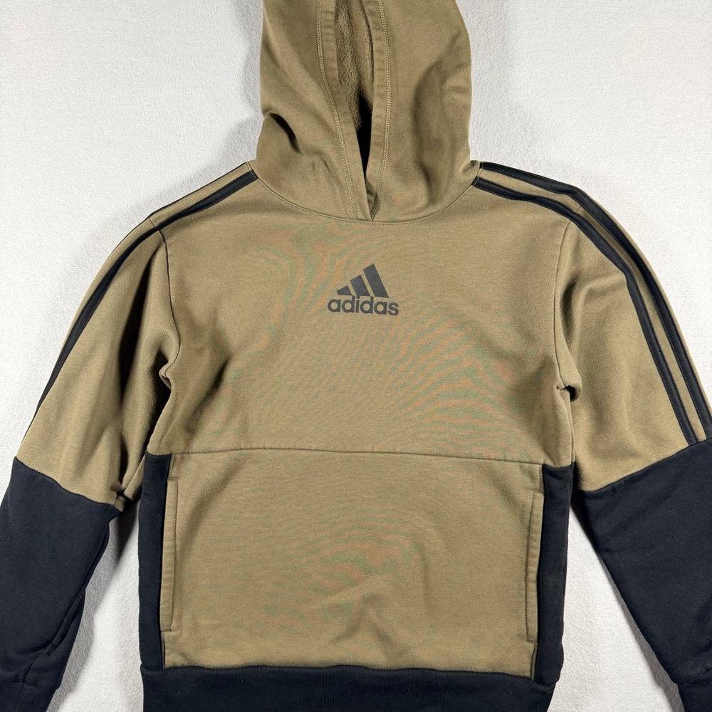 Adidas Boys Girls Hoodie Sz 10/12 M Olive Black 3-Stripe Pullover Sweatshirt